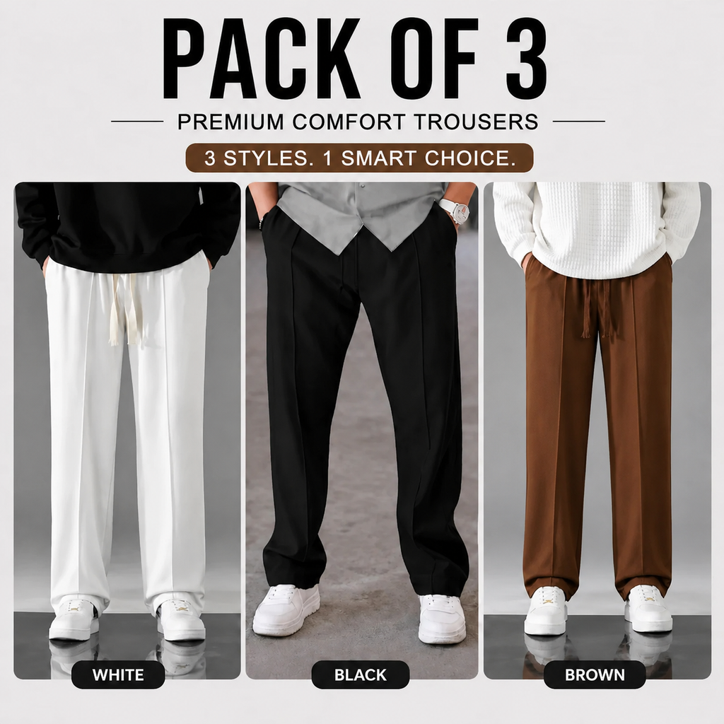 Pack of 3 Premium Baggy Trousers – (White,Black,Brown)