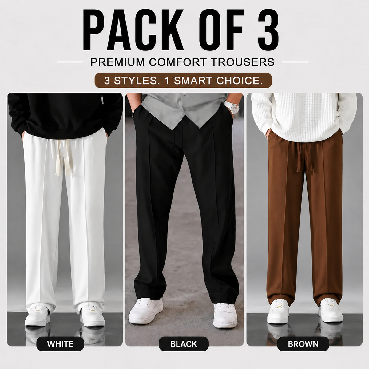 Pack of 3 Premium Baggy Trousers – (White,Black,Brown)
