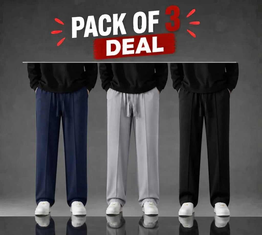 Pack of 3 Premium Baggy Trousers ( Navy Blue, Silver Grey, Black )