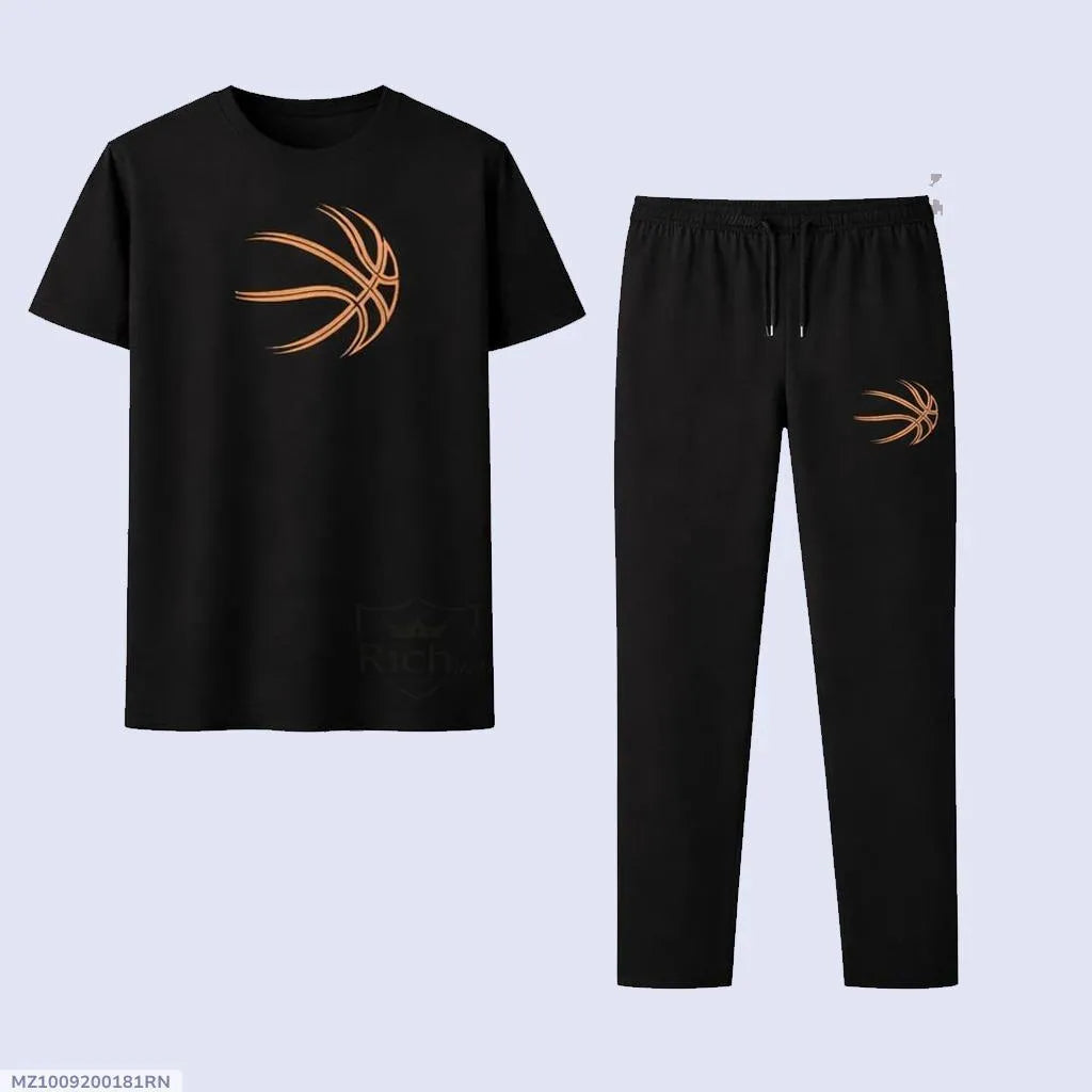 Men’s Premium Basketball Graphic T-Shirt &Trouser Set – Full Black Suit