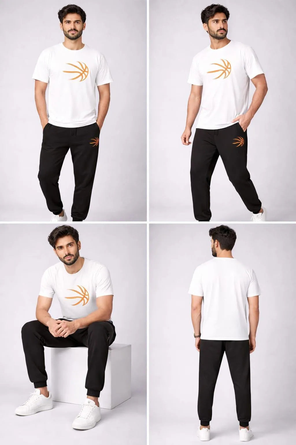Men's Premium Bassket Ball Printed T-Shirt & Trouser Set - White & Black
