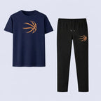 Men's Premium Basket Ball Printed Graphic T-Shirt & Trouser Set - Navy Blue & Black