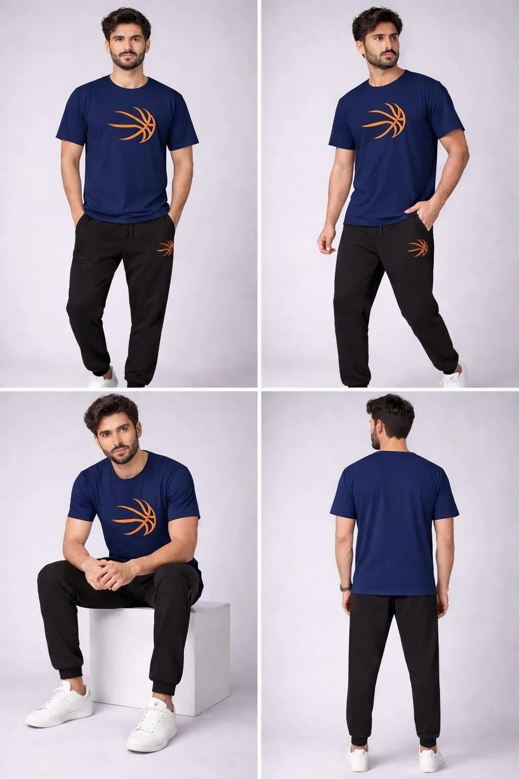 Men's Premium Basket Ball Printed Graphic T-Shirt & Trouser Set - Navy Blue & Black