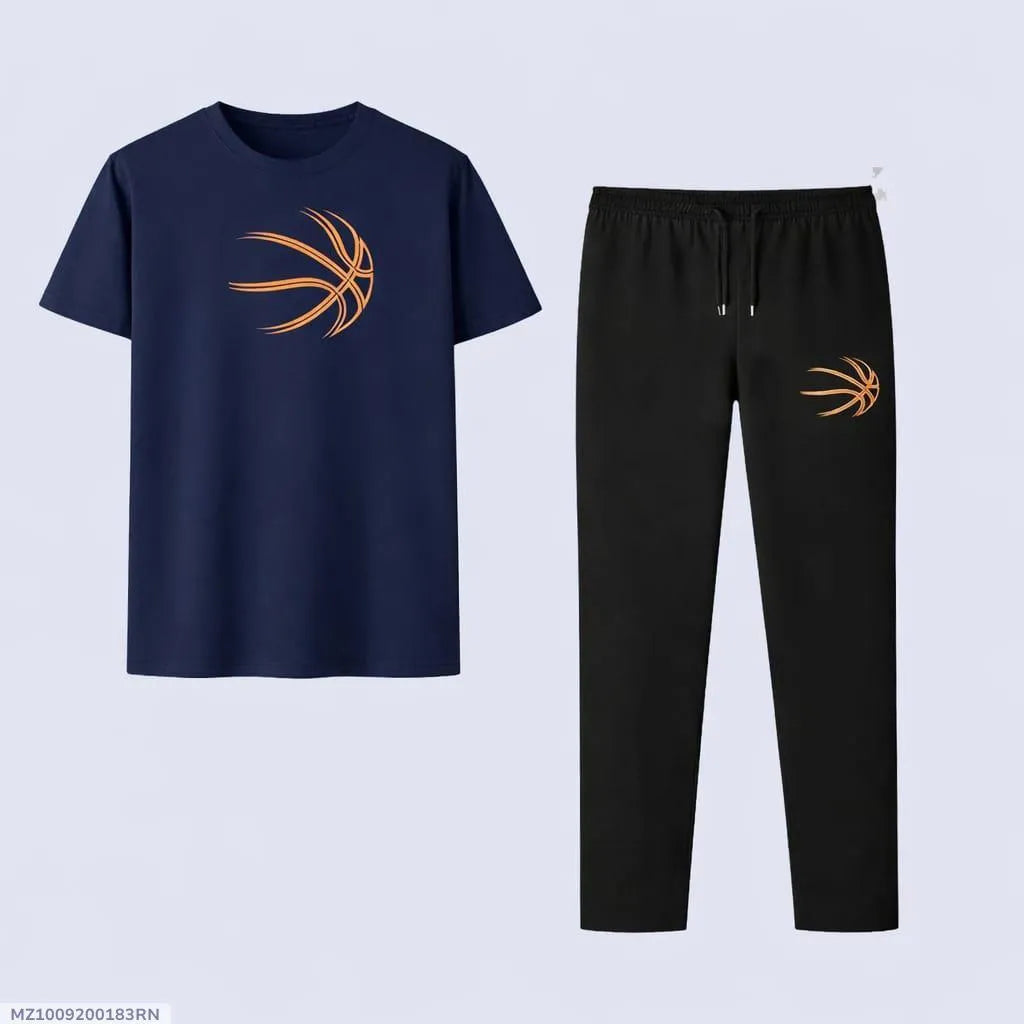 Men's Premium Basket Ball Printed Graphic T-Shirt & Trouser Set - Navy Blue & Black