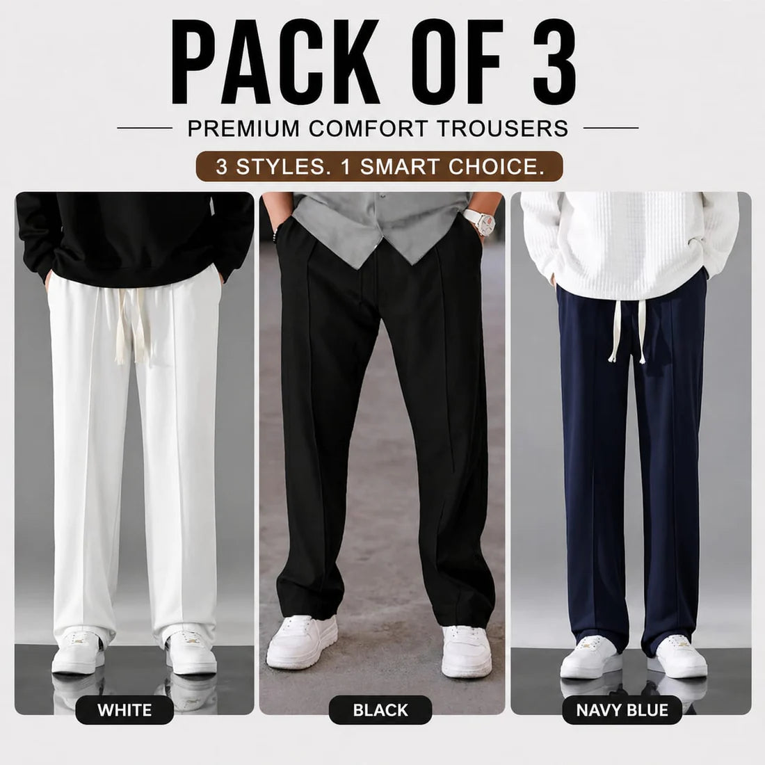 Pack of 3 Premium Baggy Trousers – (White,Black,Blue)
